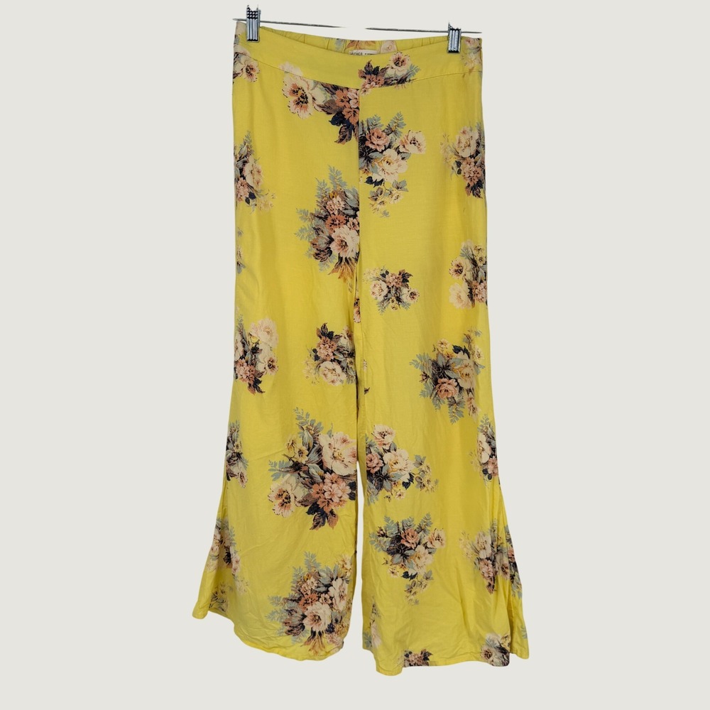 FEATHER BONE by Anthropologie Yellow Floral Wide Leg Rayon Linen‎ Pants Womens 2
